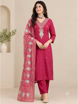 Gahan - Magenta Pink Roman Silk V-Neck Zari Embroidered Kurta with Pant & Dupatta