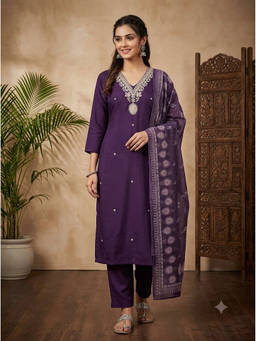 Gahan - Women’s Purple Embroidered Straight Kurta with Pant & Dupatta