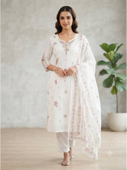 Gahan - Women’s White Roman Silk Embroidered Straight Kurta with Pant & Dupatta