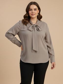 Qurvii - Grey Tie Top with Cuff Sleeves