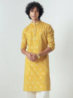 KISAH - Mustard Jaipur Print Cotton Kurta With Mandarin Collar