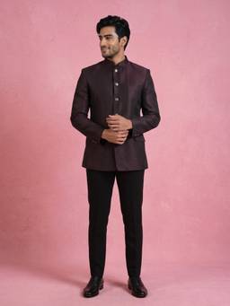 KISAH - Woven Design Jodhpuri Bandhgala And Trouser Wine