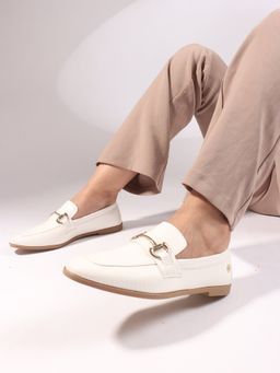 ELLE - White Textured Slip-On Women Horsebit Loafers