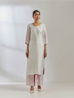 The Indian Cause - White & Pink Raw Silk Kurta and Palazzo (Set of 2)