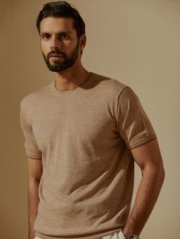 Andamen - Regular Fit Khaki Men's Half Sleeve Merino Wool Linen Crew