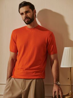 Andamen - Regular Fit Orange Men's Half Sleeve Merino Wool Crew