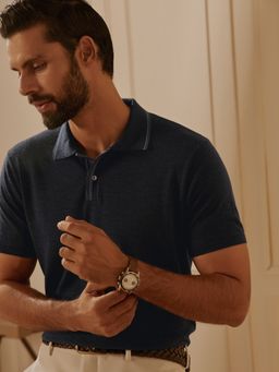Andamen - Regular Fit Navy Men's Half Sleeve Merino Wool Polo