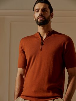 Andamen - Regular Fit Brown Men's Half Sleeve Merino Viscose Mock Zip Neck