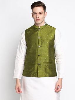 Devoiler - Men Green Coloured Woven Design Silk Nehru Jacket