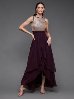 Miss Chase - Womens Wine and Peach Boat Neck Sleeveless Embellished Maxi Dress