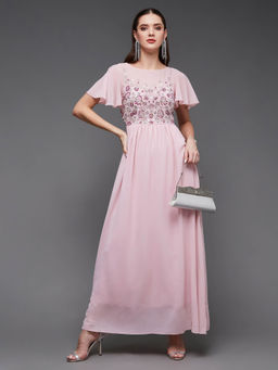 Miss Chase - Women's Blush Pink Embellished Gathered Maxi Party Dress