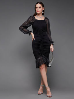 Miss Chase - Women's Black Square Puff Sleeve Solid Ruching Midi Party Dress