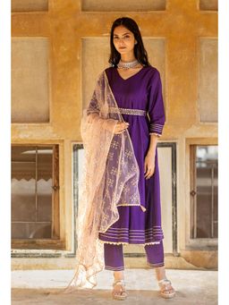 Kasya - Purple Solid Anarkali & Embroidered Belt Pant with Dupatta (Set of 4)