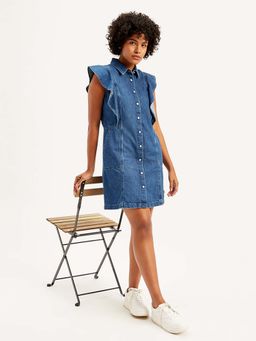 Levi's - Women's Solid Blue Spread Collar Dress