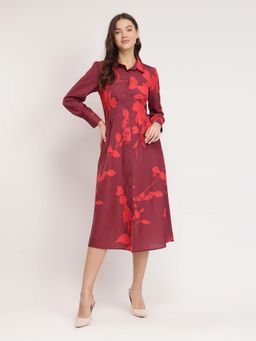 FableStreet - Maroon Floral Print Shirt Dress