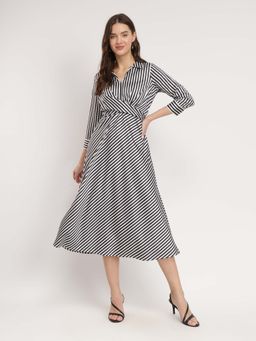 FableStreet - White Stretchable Satin Striped Dress