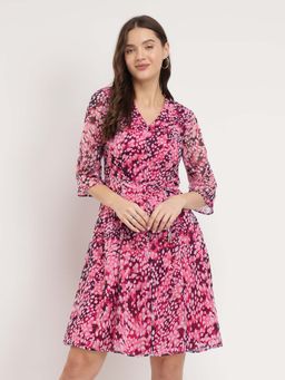 FableStreet - Pink Printed Flared Dress with Belt (Set of 2)