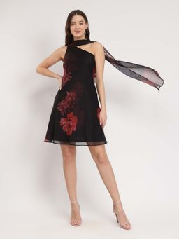 FableStreet - Black Scarf Detail A-Line Floral Dress