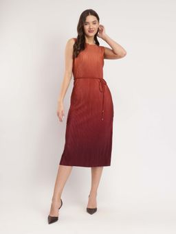 FableStreet - Brown Ombre Pleated Dress with Belt (Set of 2)