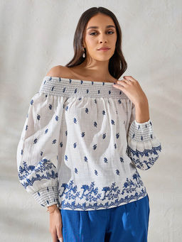 Styli Elevate - Women White Cotton Regular Fit Schiffli Print Off Shoulder Top