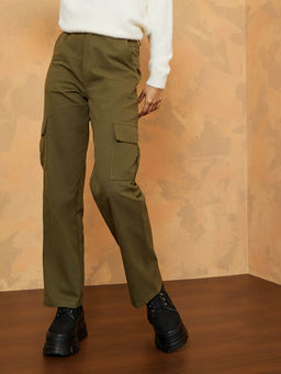 Styli - Women Olive Cotton High Waist Straight Leg Cargo Pants