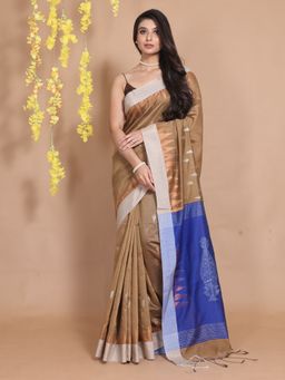 CHARUKRITI - Dark Beige Cotton Ethnic Zari & Temple Borders Handwoven Saree with Unstitched Blouse