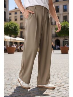 BROADSTAR - Men Stretchable Dark Beige Loose Fit Pleated Korean Pants
