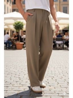 BROADSTAR - Men Stretchable Dark Beige Loose Fit Pleated Korean Pants