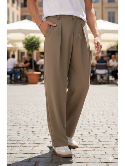 Men Stretchable Dark Beige Loose Fit Pleated Korean Pants
