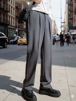 BROADSTAR - Men Stretchable Dark Grey Loose Fit Pleated Korean Pants