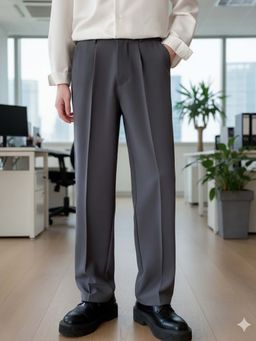 BROADSTAR - Men Stretchable Grey Loose Fit Pleated Korean Pants