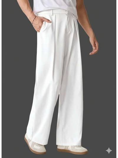 Men Stretchable White Loose Fit Pleated Korean Pants