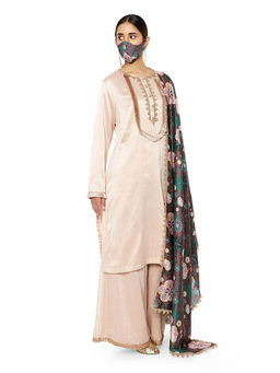 PS Pret by Payal Singhal - Chanderi Stripe Kurta with Palazzo and Dupatta & 3 Ply Mask (Set of 4)