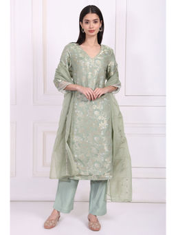 W - Green Embellished Straight Kurta Pant and Dupatta