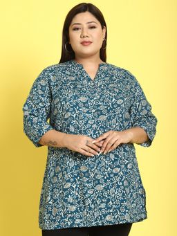 theRebelinme - Plus Size Womens Teal Batik Floral Printed Casual Shirt
