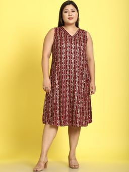 theRebelinme - Plus Size Womens Maroon Gold Foil Printed Midi Dress
