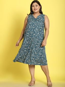 theRebelinme - Plus Size Womens Teal Batik Floral Printed Midi Dress