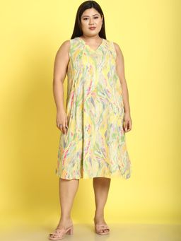 theRebelinme - Plus Size Womens Yellow Gold Foil Printed Midi Dress