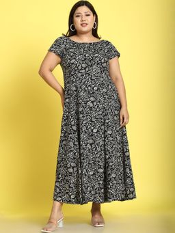 theRebelinme - Plus Size Womens Black Batik Floral Printed A-Line Maxi Dress