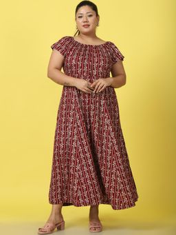 theRebelinme - Plus Size Womens Maroon Gold Foil Printed A-Line Maxi Dress