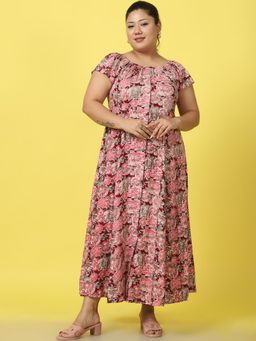 theRebelinme - Plus Size Womens Maroon Rose Floral Printed A-Line Maxi Dress