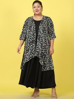 theRebelinme - Plus Size Womens Black Abstract Printed Maxi Dress with Shrug (Set of 2)