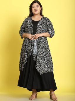 theRebelinme - Plus Size Womens Black Batik Floral Printed Maxi Dress with Shrug (Set of 2)
