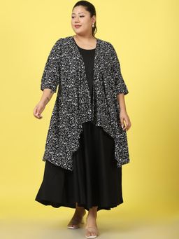 theRebelinme - Plus Size Womens Black Small Floral Printed Maxi Dress with Shrug (Set of 2)