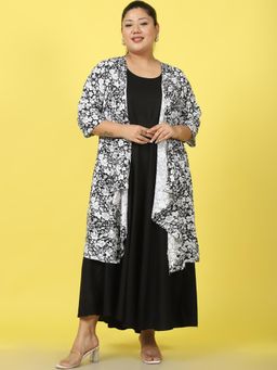 theRebelinme - Plus Size Womens Black & White Floral Printed Maxi Dress with Shrug (Set of 2)