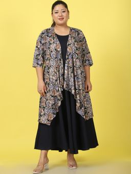 theRebelinme - Plus Size Womens Navy Blue Rose Floral Printed Maxi Dress with Shrug (Set of 2)