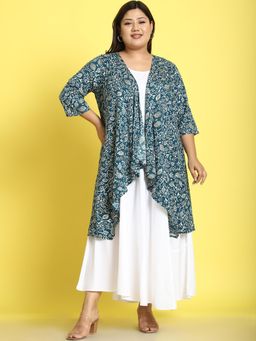 theRebelinme - Plus Size Womens Teal Batik Floral Printed Maxi Dress with Shrug (Set of 2)