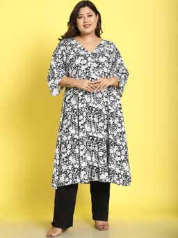 theRebelinme - Plus Size Womens Black White Floral Printed A-Line Shrug