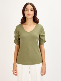 SALT Attire - Leisure Green Ruched Sleeves T-Shirt