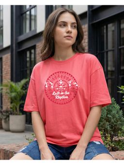 Bewakoof - Womens Deep Sea Coral Pink Rhythm Graphic Printed Oversized T-Shirt